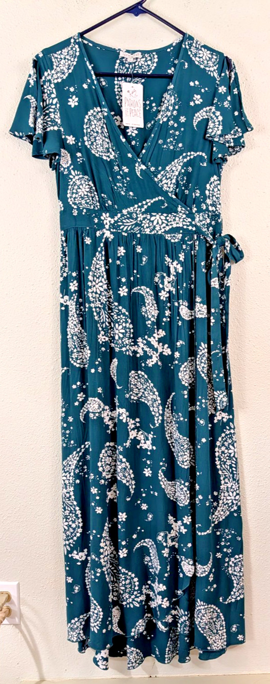 Patrons Of Peace sz L Maxi length Dress faux wrap greenish blue & white 2127